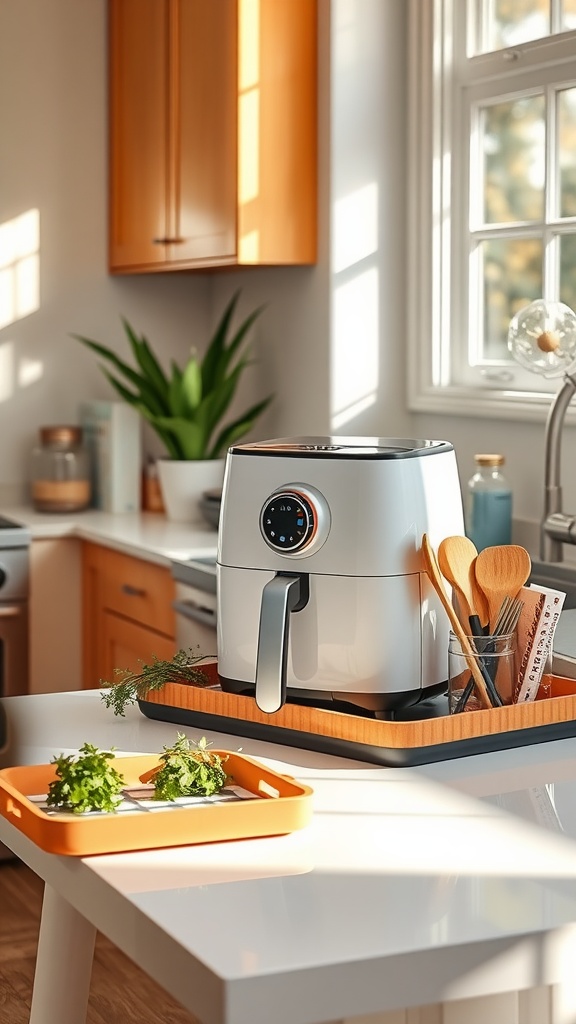 A modern kitchen with an air fryer on a countertop, styled with herbs and cookbooks.